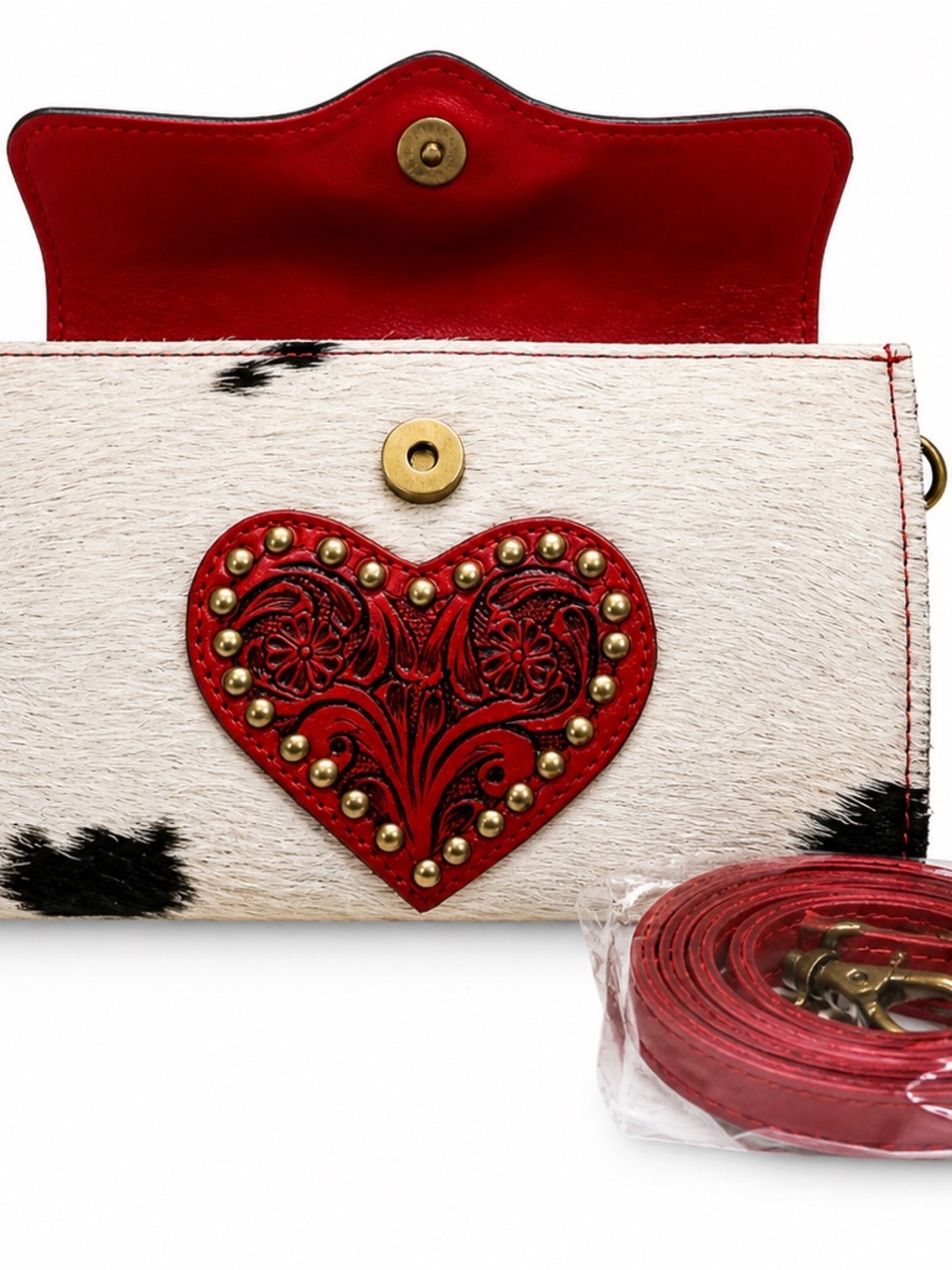 Red/Cowhide Heart Tooled Leather Clutch Wallet w Strap